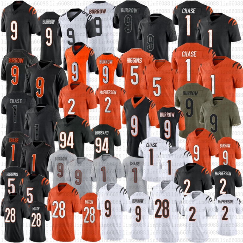 

Joe Burrow CIN Football JaMarr Chase Bengal 5 Tee Higgins Jerseys Evan McPherson Joe Mixon Sam Hubbard Orange Shirts Black White Stitched Jersey, Women