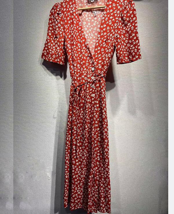 

Women floral print V-neck lace puff sleeve short sleeve dress summer, Red
