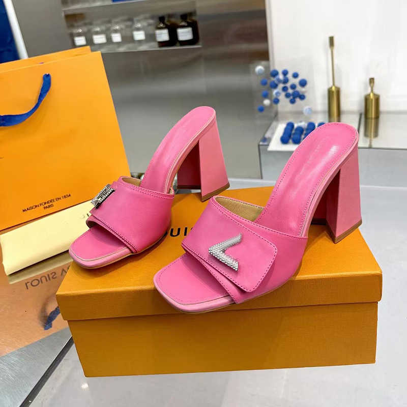 

Designer women's slippers high heeled summer genuine leather sexy diamond buckle fashion sandals thick heel comfortable large size 35-43, Shoesbox