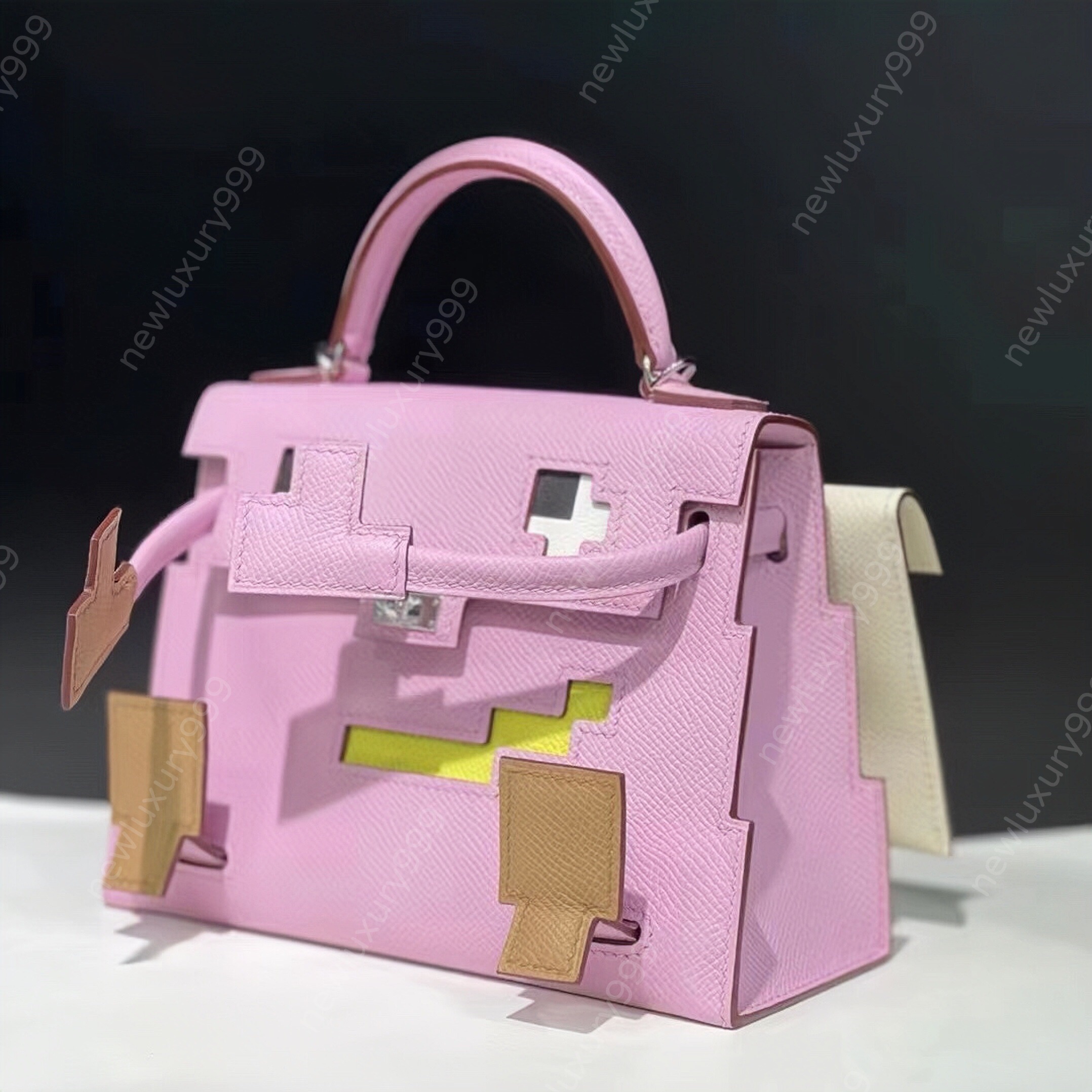 

Designer Doll Picto Bag Luxury Crossbody Bag Fully handmade Tote Bag Cute Mosaic Doll Match Makeup Bag Original Epsom Leather Mirror craft sewing made, Malva purple