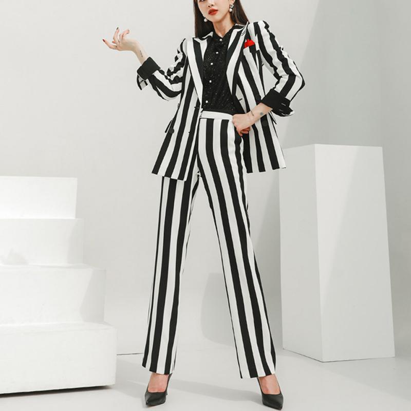 

Women' Two Piece Pants Work Pant Suits OL 2 Set For Women Business Black White Striped Suit Uniform Smil Blazer Pencil Office Lady, 7371