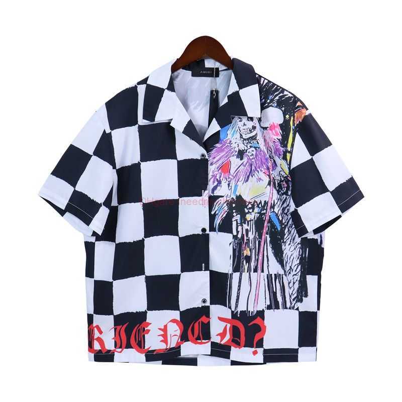 

Designer Fashion Clothing Amires Tees Am Tshirt American Trendy Brand Amies Personalized Skull Digital Print Niche High Street Trend Short Sleeved Shirt for Both Me, Black-and-white checked