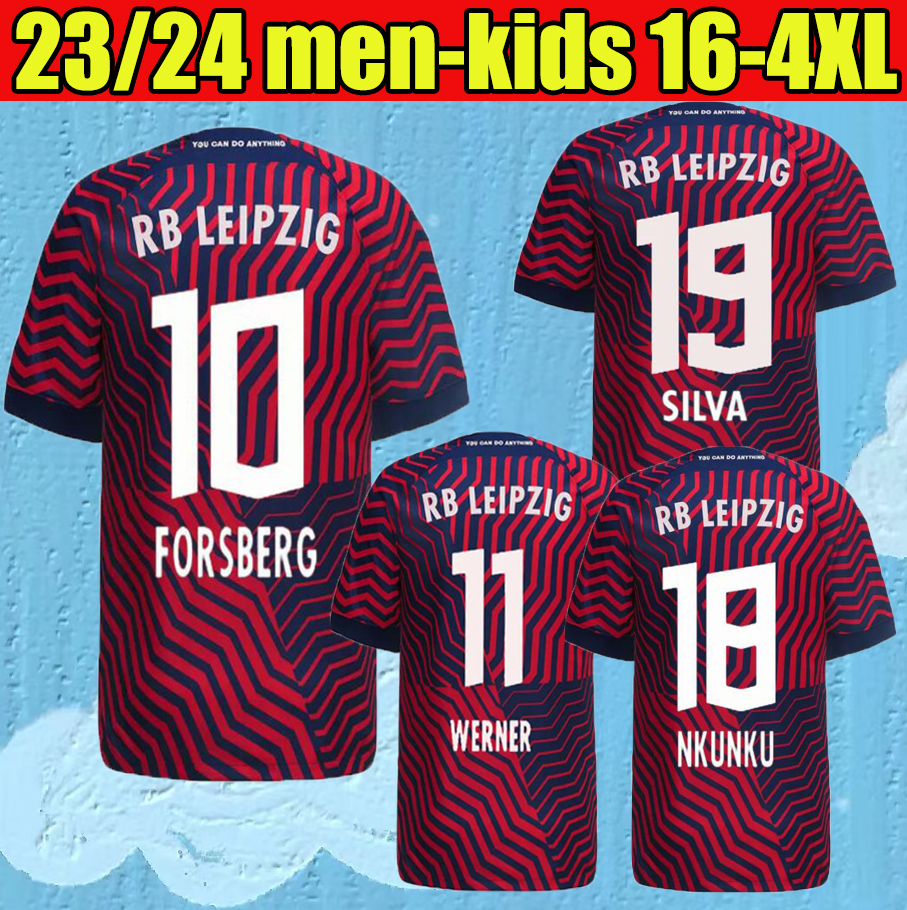 

2023 Silva Soccer Jerseys FORSBERG Camiseta Maillot Szoboszlai POULSEN Sorloth 2023 2024 away red Football Shirts Uniform RBL Nkunku Olmo Werner Leipziges, Player version