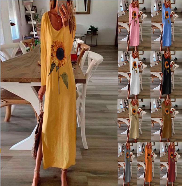 Robe à manches longues d'automne à fente latérale imprimée pour femmes de style plante de tournesol européenne et américaine pour femmes