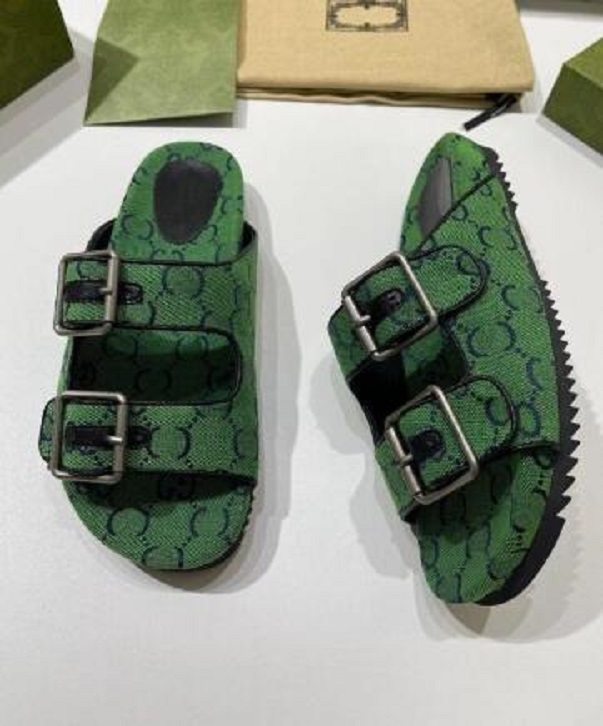

Women Multicolor Flat Slippers Sandals With Lady Fashion Metal Buckle Beach Slides Men's lace-up Scuffs For Women's shoes, Grey