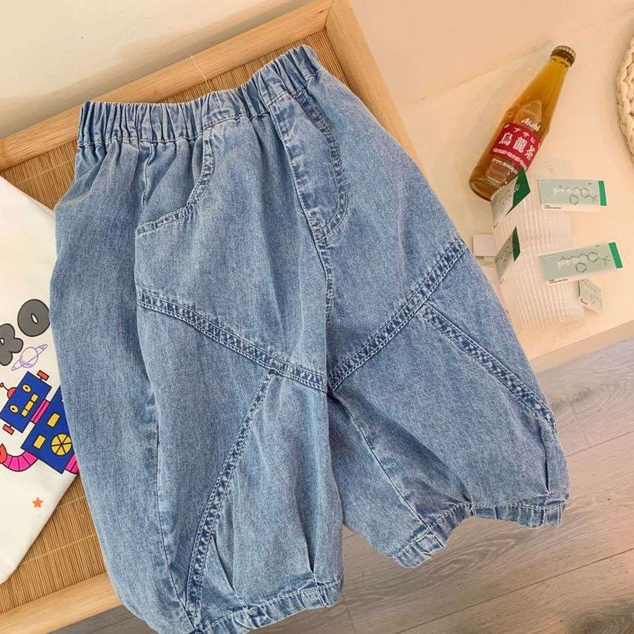 

Summer Children's Shorts New Design Capri Long Jeans Style Men's Baby Clothing Outdoor Jogging Elastic Waist Loose Blue Fashion High Quality Tencel Cotton