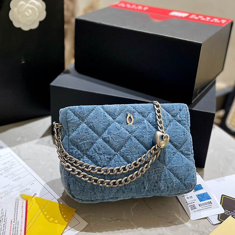 

CC 19 Handbag Flap Blue Denim Bag Gold Silver Tone Ruthenium Finish Metal Thick Chain Gabrielle Classic Quilted wallet, Deep blue- denim 19cm