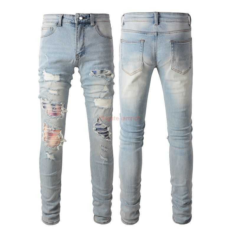 

Designer Clothing Amires Jeans Denim Pants Amies 6637 New Mens High Street Ripped Jeans Patch Slimming Elastic Tightfitting Leggings Light Color Jeans Distressed R, Light blue 6637