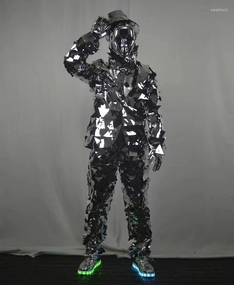 

Stage Wear Cool Dance Performance Props Mechanical Clothes Silver Mirrors Suit Mirror Man Costume, As picture show