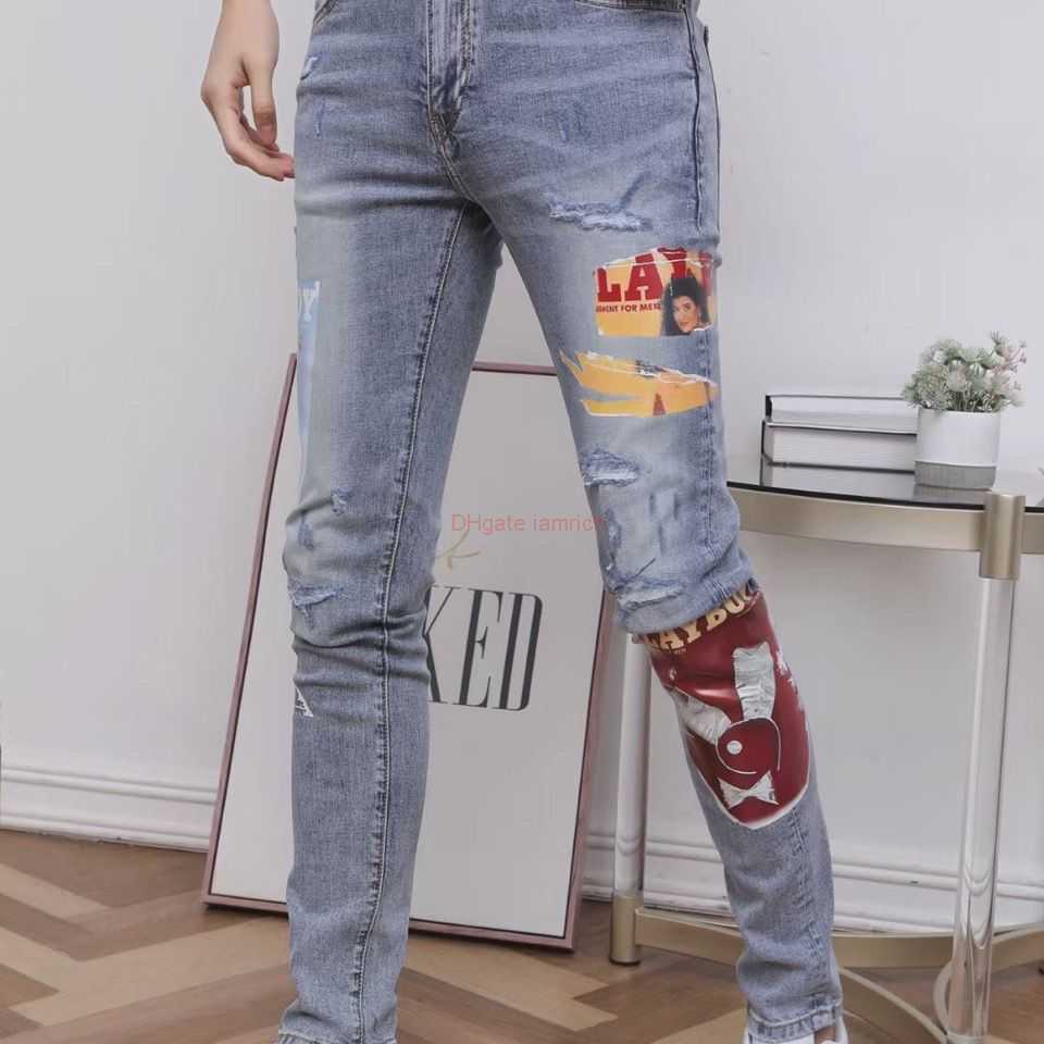 

Designer Clothing Amires Jeans Denim Pants Mens Distressed Jeans Amies Highend Micro Elastic Straight Fit Printed College Growth Pants Trend Distressed Ripped Ski, Beige