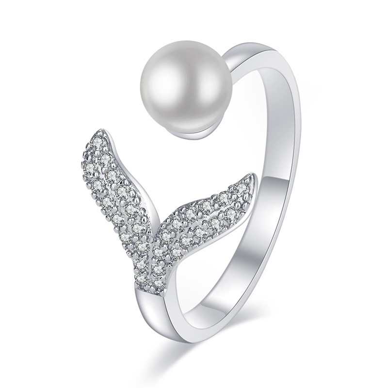 

6MM Pearl Mermaid Rings Pave AAA Cubic Zirconia for Women Wedding Engagement Party Adjustable Rings