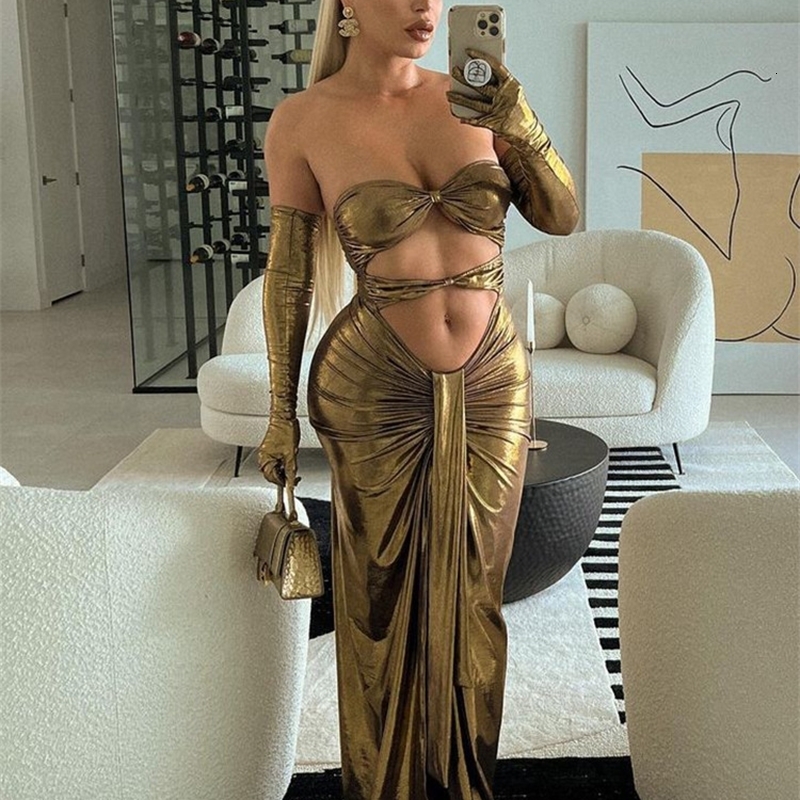 Basic Casual Dresses Hugcitar Pu Leather Strapless Draped Folds With Gloves Hollow Out Slit Maxi Prom Dress Sexy Fall Elegant Evening Party Y2K 2305