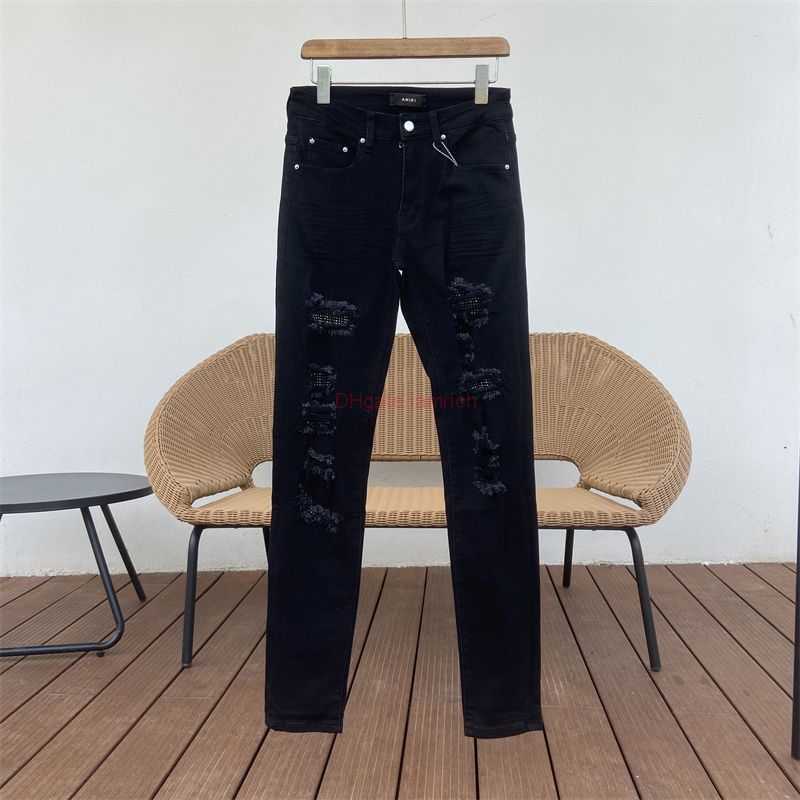 

Designer Clothing Amires Jeans Denim Pants Amies Pure Black Personalized Hot Drilled Perforated Patch Jeans Mens High Street Fashion Brand Ins Super Fire Slim Fit Fe