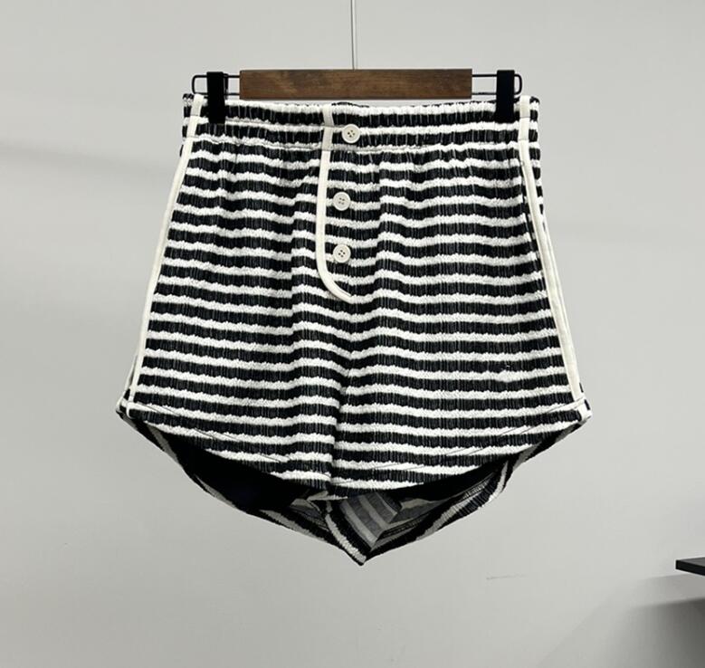 Women Short New Fashion Clothing C vintage striped false placket elasticated waist shorts-image-867617132