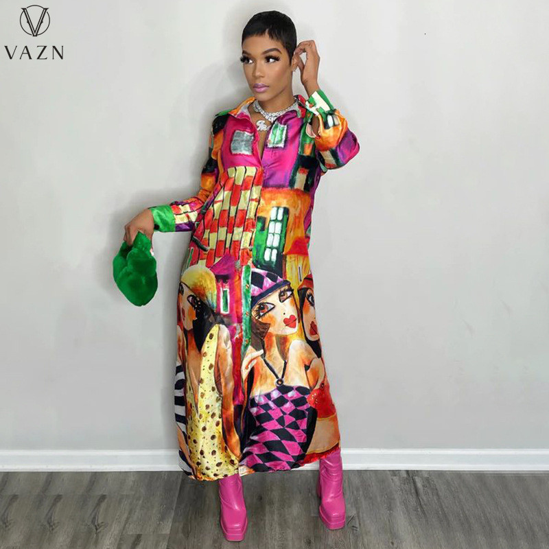 Robes décontractées de base Vazn Robe à revers à manches longues poitrine simple de la cheville femme Street Hip Hop Style imprimé 230522