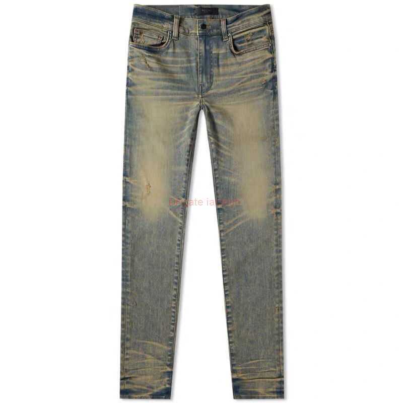 

Designer Clothing Amires Jeans Denim Pants 22fw Amies Yellow Mud Wash Coat Worn Worn Stretch Fit Jeans for Mens Four Seasons Distressed Ripped Skinny Motocycle Biker, Beige