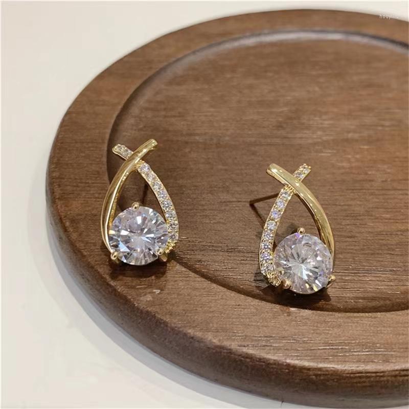 

Stud Earrings Simple Shiny Zircon Gold Color Jewelry Crystal Women Fashion Rhinestones Gift For Party