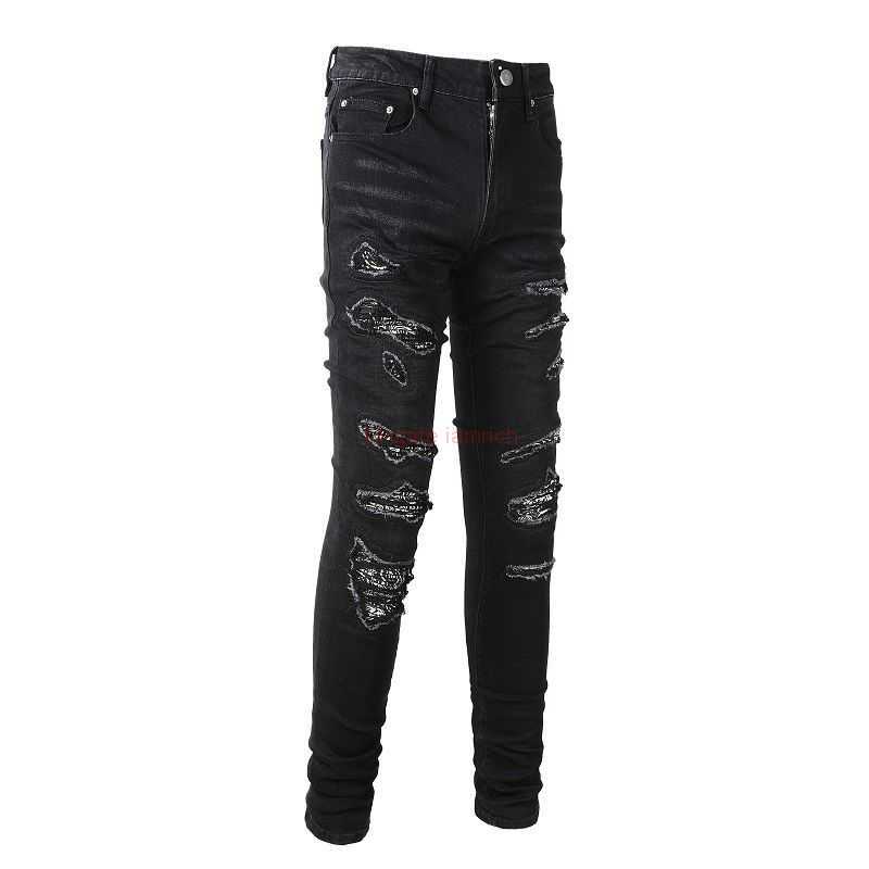

Designer Clothing Amires Jeans Denim Pants Amies 8669 Fashion Brand High Street Mens Pants with Cashew Flower Patch Street Fashion Brand Slim Fit Small Foot Perforat