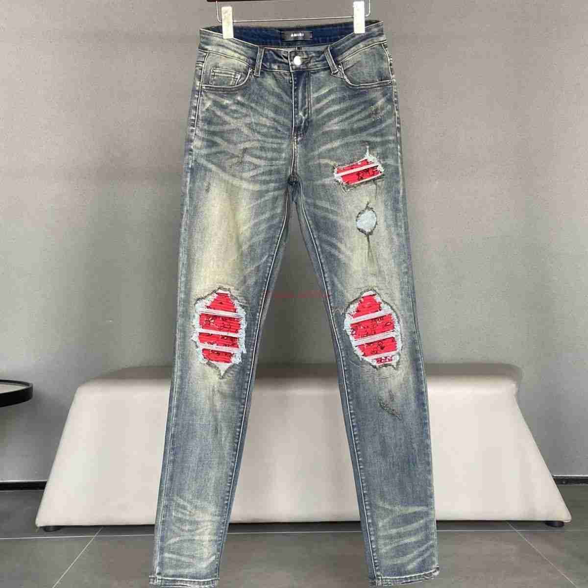 

Designer Clothing Amires Jeans Denim Pants Fashion Brand Amies High Street Red Pleated Patch Hole Old Washed Jeans Mens Elastic Slim Pants Distressed Ripped Skinny M, Picture color