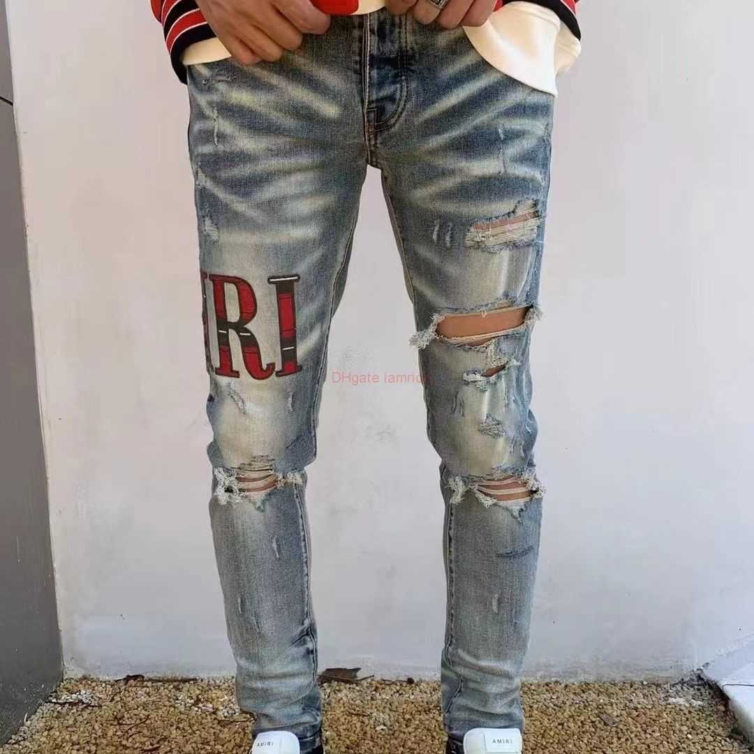 

Designer Clothing Amires Jeans Denim Pants Amies High Street Fashion Brand Letter Embroidery Wash Fold Old Broken Casual Fit Blue Jeans Male Distressed Ripped Skinn, Black