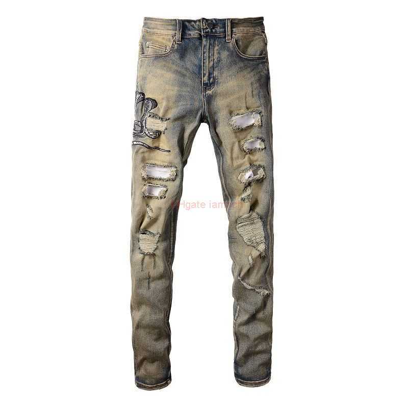 

Designer Clothing Amires Jeans Denim Pants Amies Tide Brand High Street Yellow Mud Dirty Wash Water Made of Old Cobra Embroidery Hole Slim Fit Small Feet Denim Pants Bo, Picture color