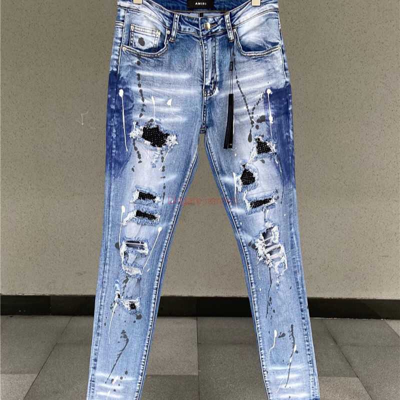 

Designer Clothing Amires Jeans Denim Pants Amies 21fw Blue Drill Hole High Street Jeans Mens Youth Trend Wash Slim Elastic Leg Pants Distressed Ripped Skinny Motocyc