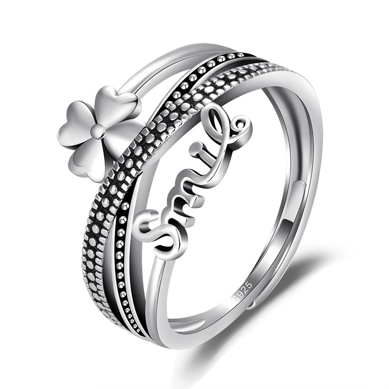 

Vintage Smile Clover Rings Adjustable Size Female Statement Ring Jewelry for Party