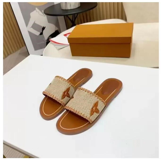

2023 women slippers top quality outdoor banquet Slide shoes pp straw summer leather sandals multicolor flat heel Mule letter Size 35-42, Rattan yellow
