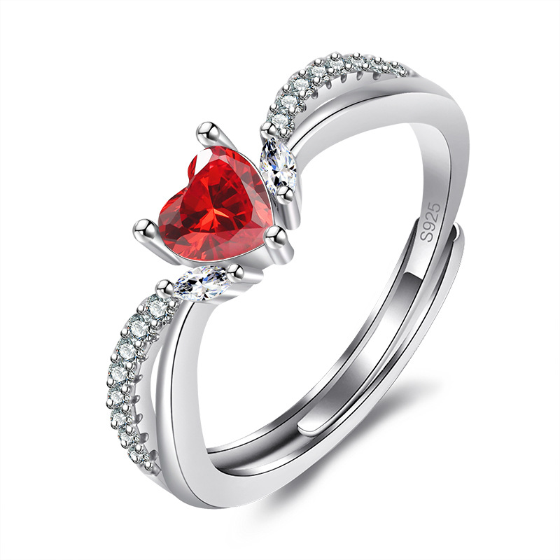 

Brilliant Heart Shaped Red Cubic Zirconia Silver Rings for Women Party Jewelry Gift
