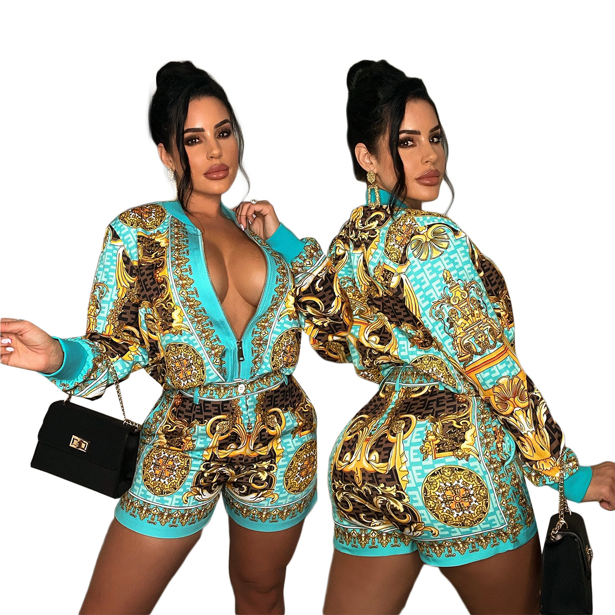 

Women' Tracksuits Fashion Jacket and Shorts Vintage Print Women' Sportswear Street Jogger 2 Piece Set Outfits Causal Club Sportswear Clothing Size -2XL, Style 3