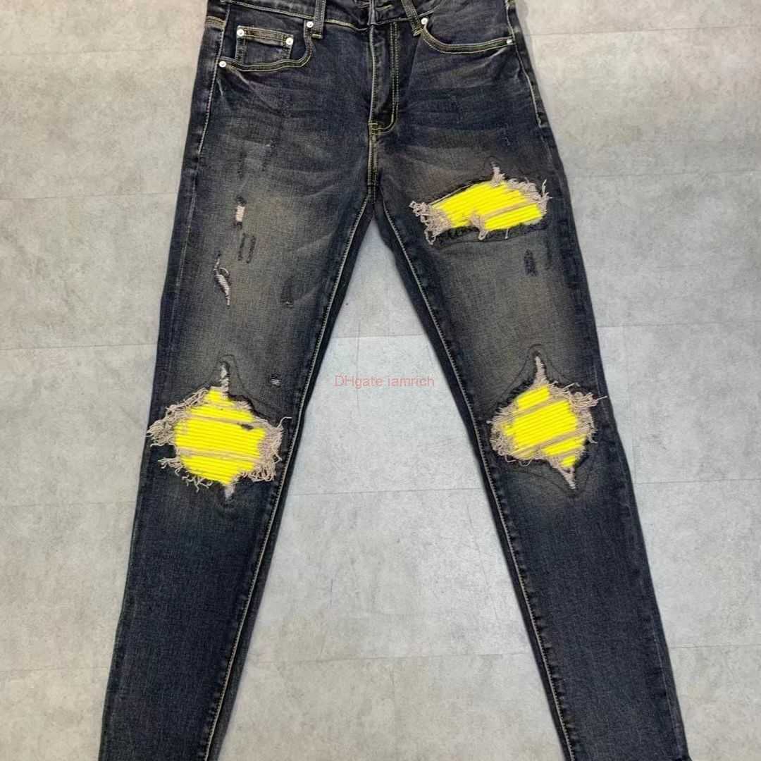 

Designer Clothing Amires Jeans Denim Pants Amies Trendy Brand Washed Hole Made Old Patch Mx1 Elastic Slim Fit Jeans Mens American High Street Ins Feet Distressed Ripp, Picture color