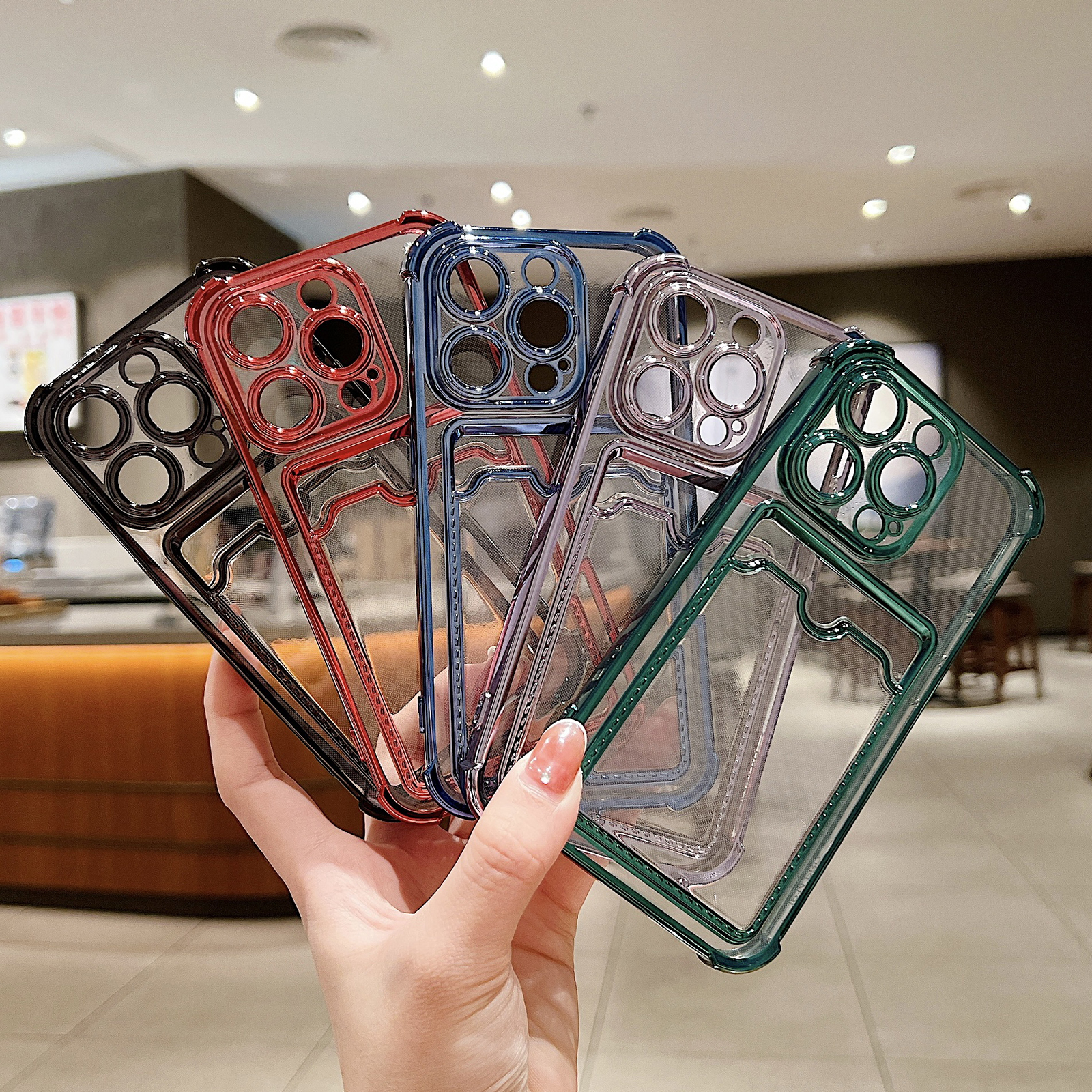 

Fashion Plating Clear Back Wallet iPhone 14 13 12 11 Pro Max Plus Shockproof Cover Card Holder Accessories