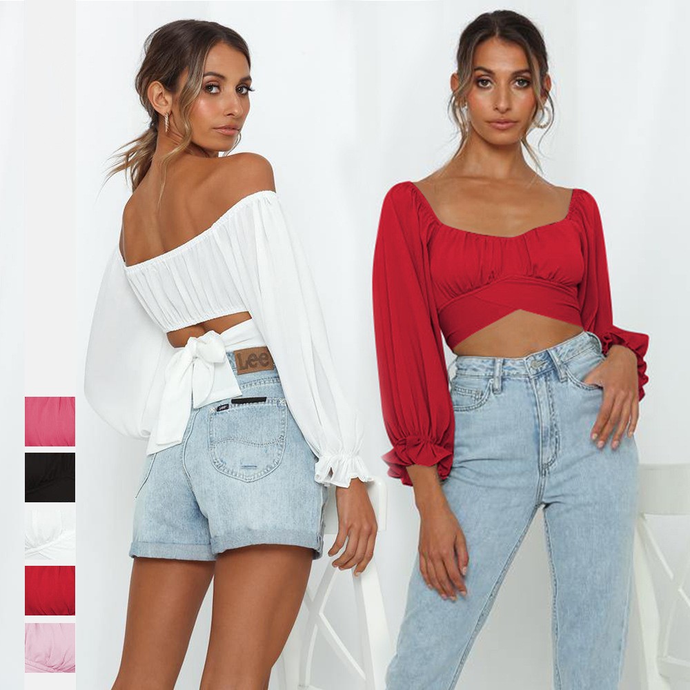 

Long puff sleeve women's super short T-shirt one-line collar sexy crop toys for spice girls back lace-up design 2023 spring and summer hot sellings Europe and Americans, Watermelon