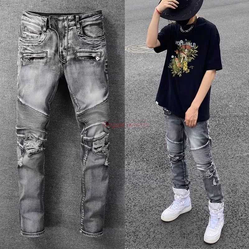 

Designer Clothing Amires Jeans Denim Pants Amies 1094 Street Trend New Smoke Grey Patchwork Jeans Mens Youth Trend Elastic Slim Motorcycle Pants Distressed Ripped S