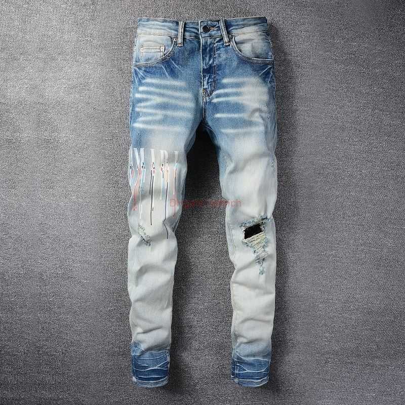 

Designer Clothing Amires Jeans Denim Pants Amies 831 High Street New Fashion Blue Personality Letter Paint Dotted Hole Jeans Mens Slim Fit Pants Fashion Distressed R