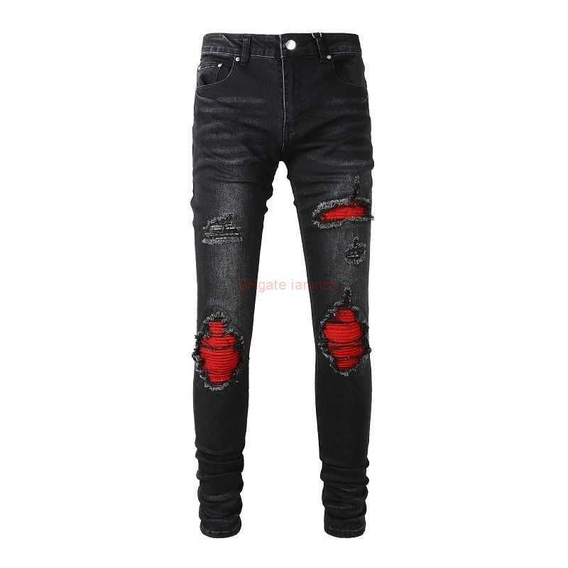 

Designer Clothing Amires Jeans Denim Pants Amies High Street Fashion Brand 886 Black Scratched Broken Hole Red Patch Fashion Slim Straight Small Feet Jeans Male Fash