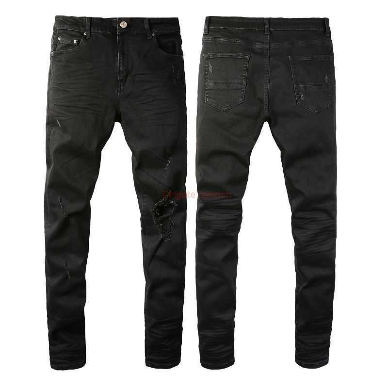 

Designer Clothing Amires Jeans Denim Pants High Street Fashion Brand Amies Classic Black Hole Patch Elastic Pants Slim Fit Small Foot Jeans for Men Women 8586 Distres