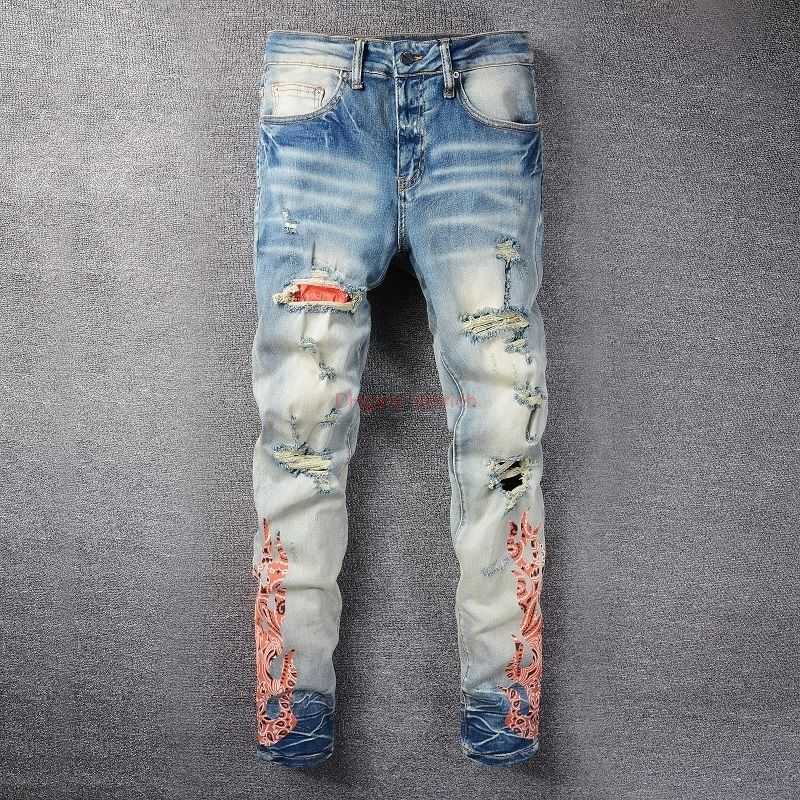 

Designer Clothing Amires Jeans Denim Pants Amies 836 New Street Hiphop Flame Hole Old Wash Youth Slim High Street Denim Trousers Male Distressed Ripped Skinny Motocy, Blue