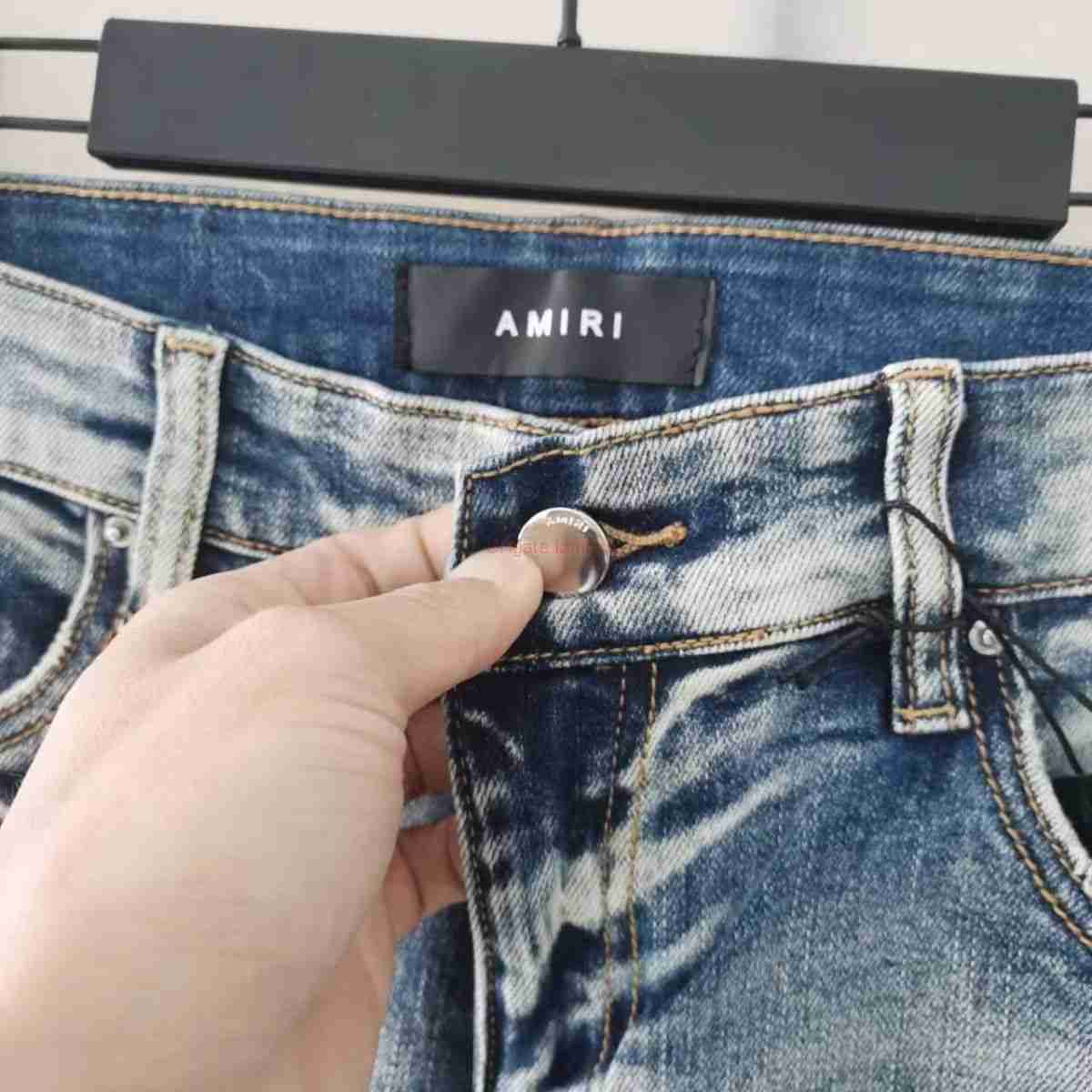 

Designer Clothing Amires Jeans Denim Pants Amies Jeans Mens Wornout Ground White Washed Elastic Slim Fitting Short Leg Pants American Trendy Youth Distressed Rippe, Beige