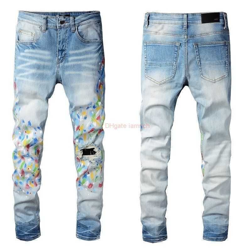 

Designer Clothing Amires Jeans Denim Pants 827 Trendy Brand Amies New Light Distressed Jeans for Mens High Street Handpainted Stretch Slim Pants Distressed Ripped S, Blue