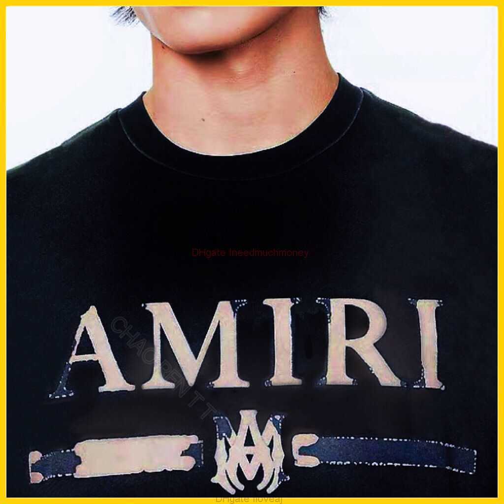 

Designer Fashion Clothing Amires Tees Am Tshirt the Correct Version of Amies 23x Trendy Brand Flocking Printed Pattern Letter Short Sleeved Mens Loose Cotton Tshirt, Black