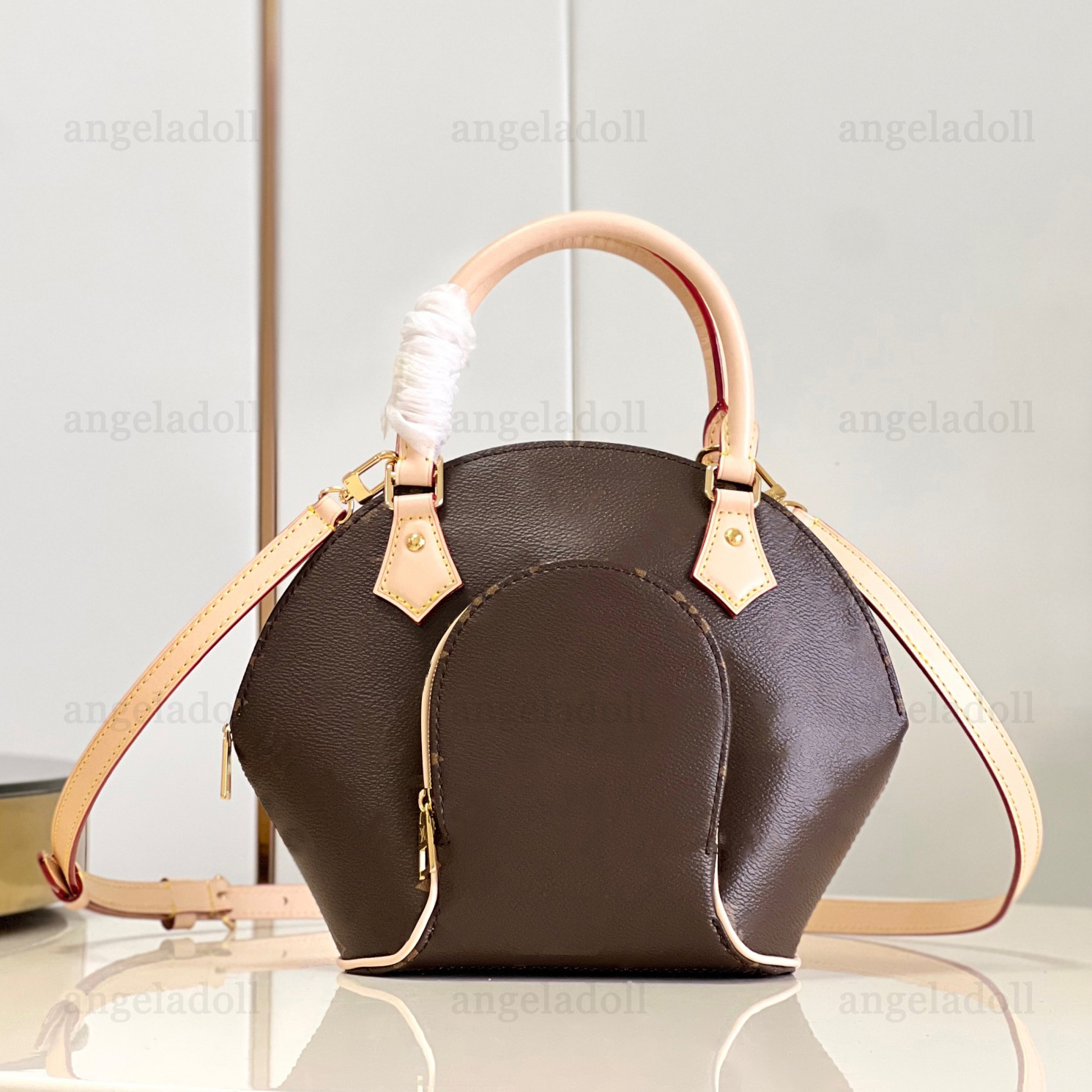 

10A Mirror Quality Designers Ellipse PM Shell Bags 28cm Womens Brown Coated Canvas Handle Handbag Cowhide Leather Trim Purse Crossbody Shoulder Strap Bag With Box, About 28x21x8cm brwon