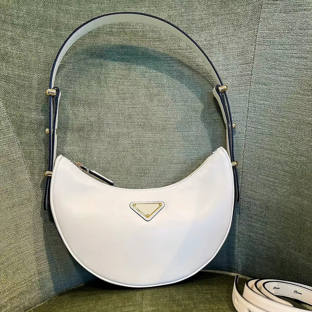 

Fashion Luxury Designer Genuine leather Shoulder Cross Body hand bag summer Clutch bag triangle prad half moon bag portable hobo clutch tote bags Knitting Wide Strap, Black