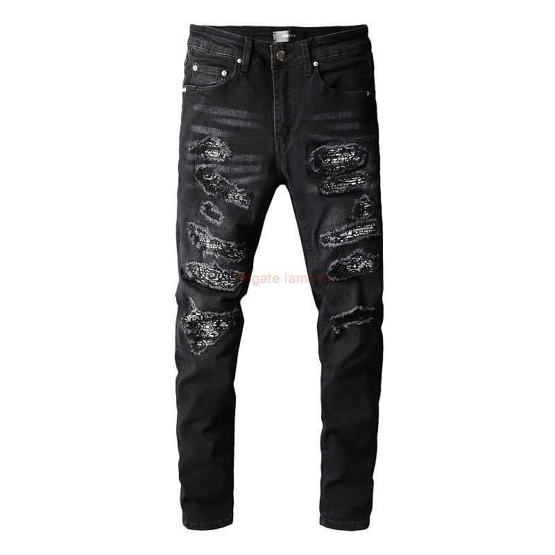 

Designer Clothing Amires Jeans Denim Pants Amies 669 Fashion Pants Mens Black Hole Cashew Flower Patch Elastic Slim Pants Jeans Fashion Distressed Ripped Skinny Mot