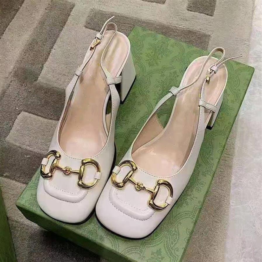 

Newest Women Leather Mid-heel Slingback Square Shaped Toe Designer Lady Letter Printed Sculpted Block Heel Rubber Sole Pump187U