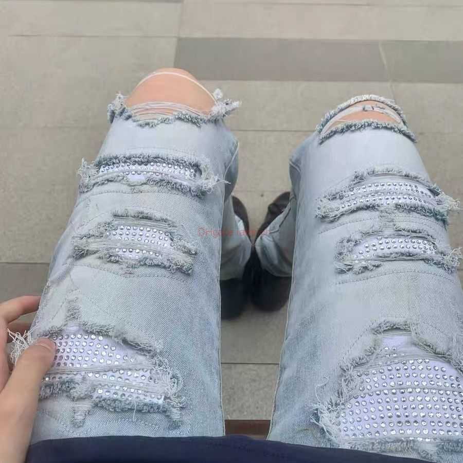 

Designer Clothing Amires Jeans Denim Pants Amies Jeans Mens High Street White Diamond Wornout Washed Elastic Trendy Mens Slim Fitting Small Leg Pants Distressed Rip, Light