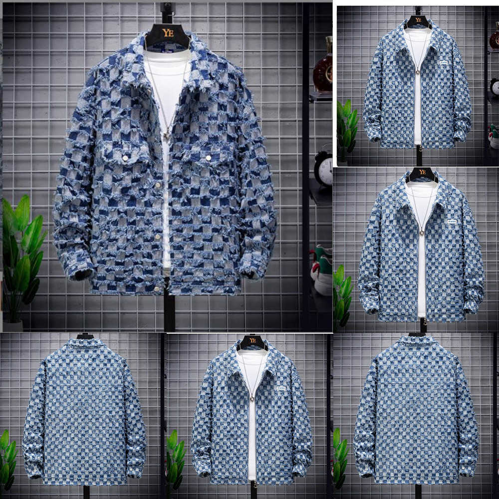 

2023 Men's designer lapel Fashion Jacquard Plaid Denim oversized Jacket Spring and Autumn Loose Casual Couple Clothes Personality Japanese Streetwear 6ZEV, Blue
