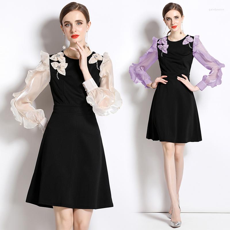

Casual Dresses Women's Spring And Summer High End Temperament Round Neck Long Sleeve Ruffled Edge Embroidery Splice Fashion Dress, Purple