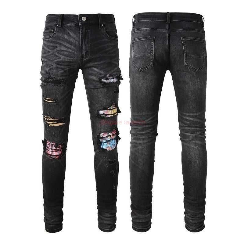 

Designer Clothing Amires Jeans Denim Pants Trend Amies Fashion Mens Wear Worn Folded Contrast Jeans with Hole Patches Black Slim Fit Beggar Pants Distressed Ripped S, 6552