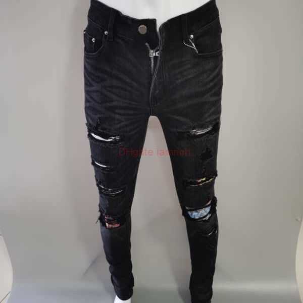 

Designer Clothing Amires Jeans Denim Pants Perforated Jeans for Men Amies Black Slim Fit Elastic Scrap Patch High Street Youth Fashion Versatile Amr Distressed Ripp, Beige